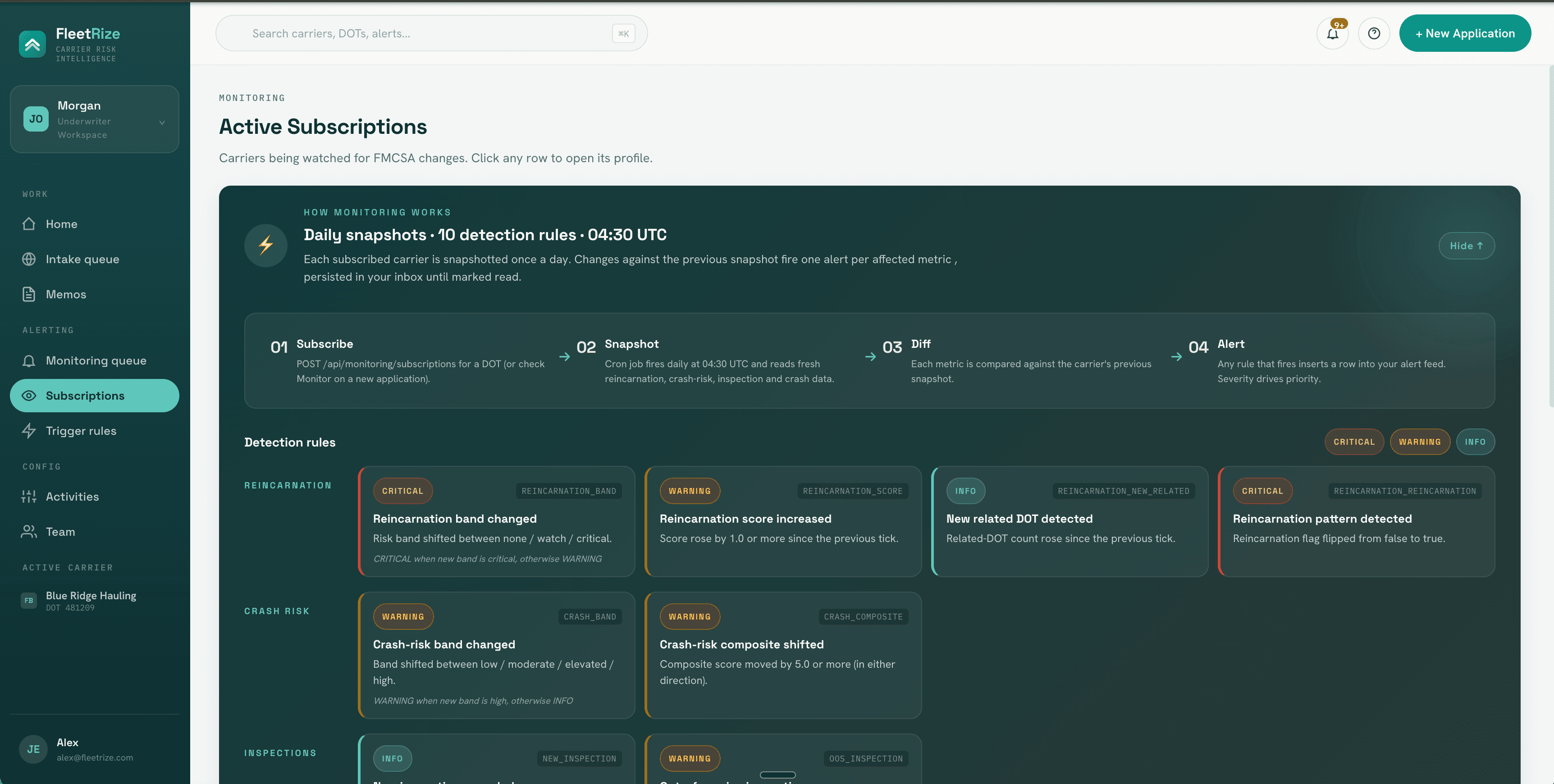 FleetRize detection rules grouped by reincarnation, crash risk, inspections, and trend