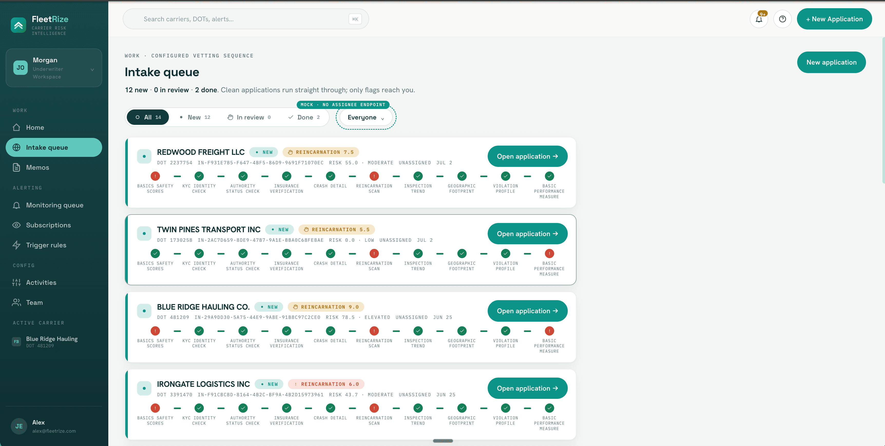 FleetRize intake queue showing applications running through the configured ten-check vetting sequence