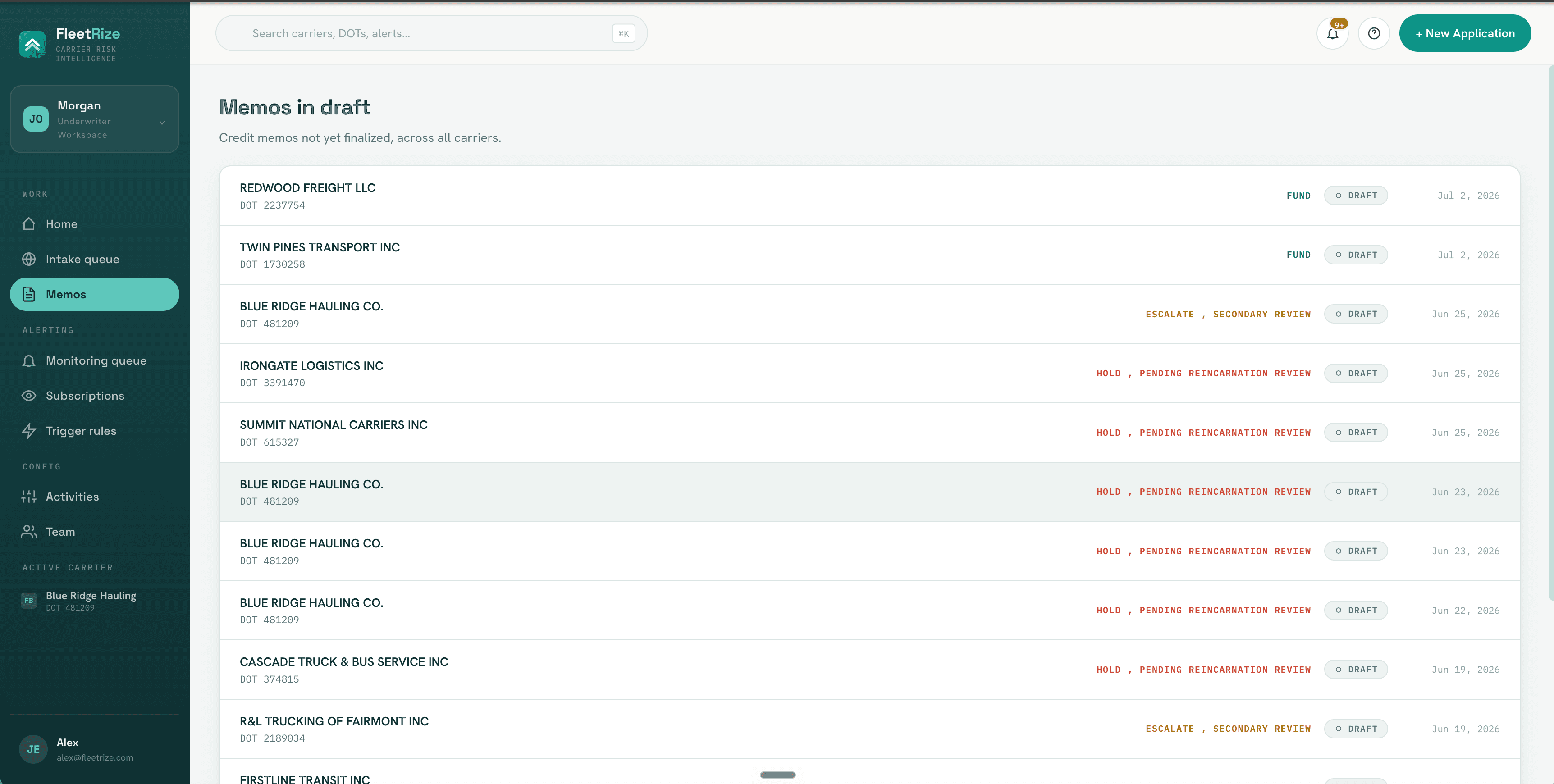 FleetRize credit memos list with fund, hold, and escalate decisions